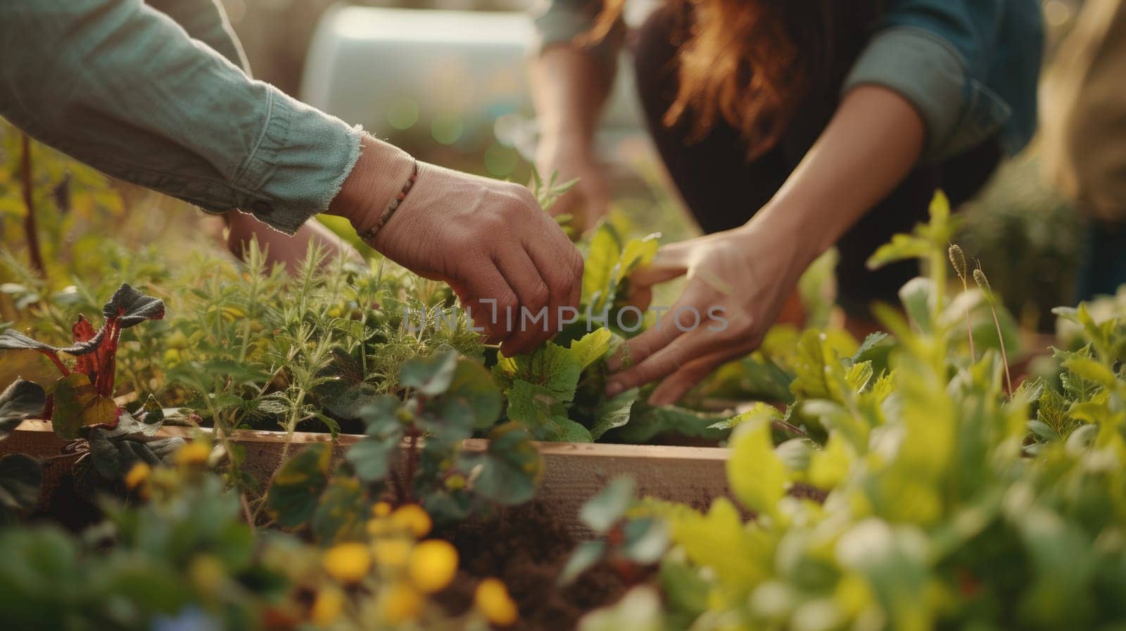 A group of people are collecting various plants such as flowers, grass, leaf vegetables, and shrubs in a garden. AIG41