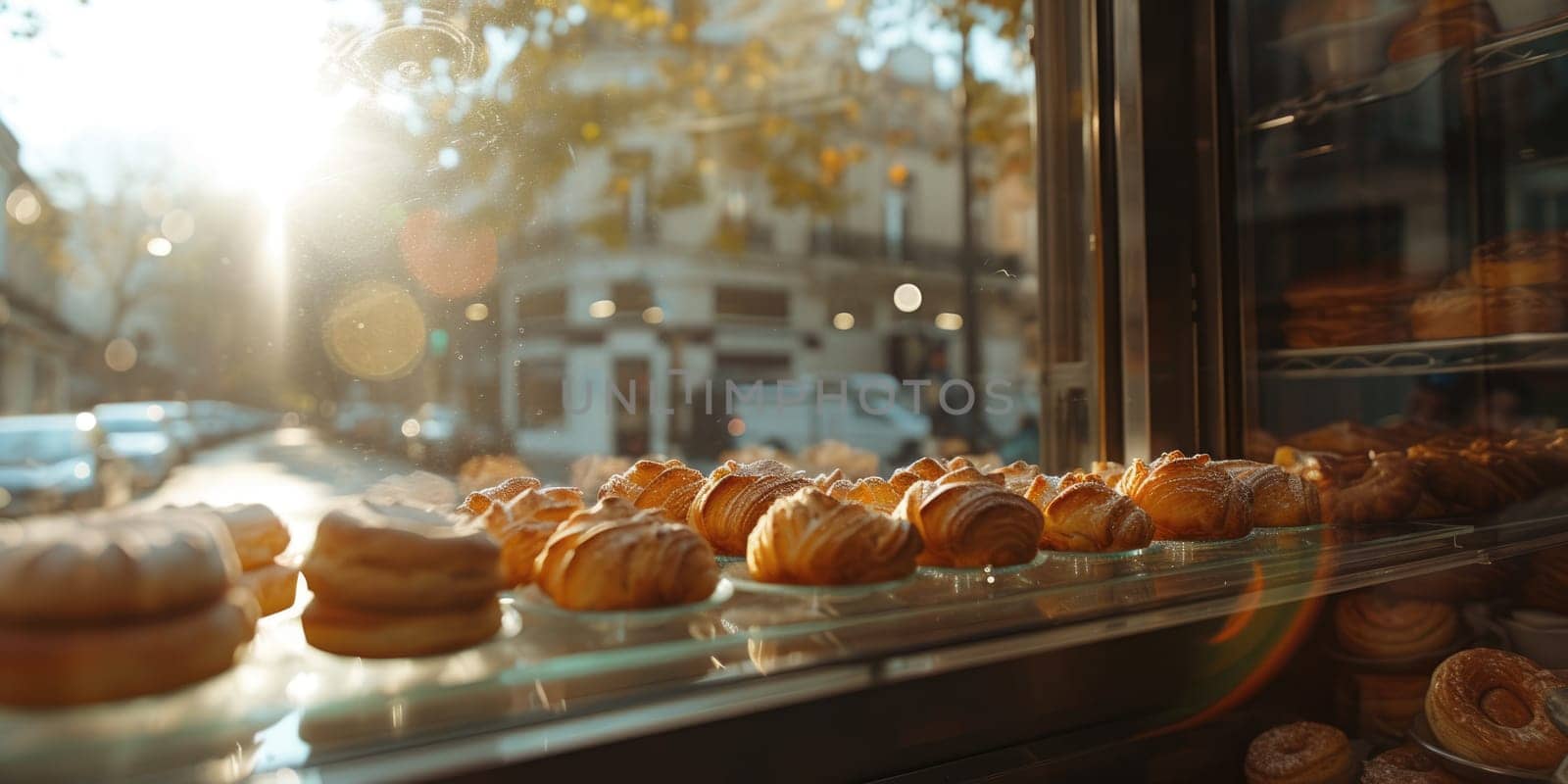 Freshly baked bread placed on shelf with blurred background at bakery. Image of a row of loaves of bread sitting on a wooden table. The bread appear to be sourdough bread with crispy texture. AIG42.