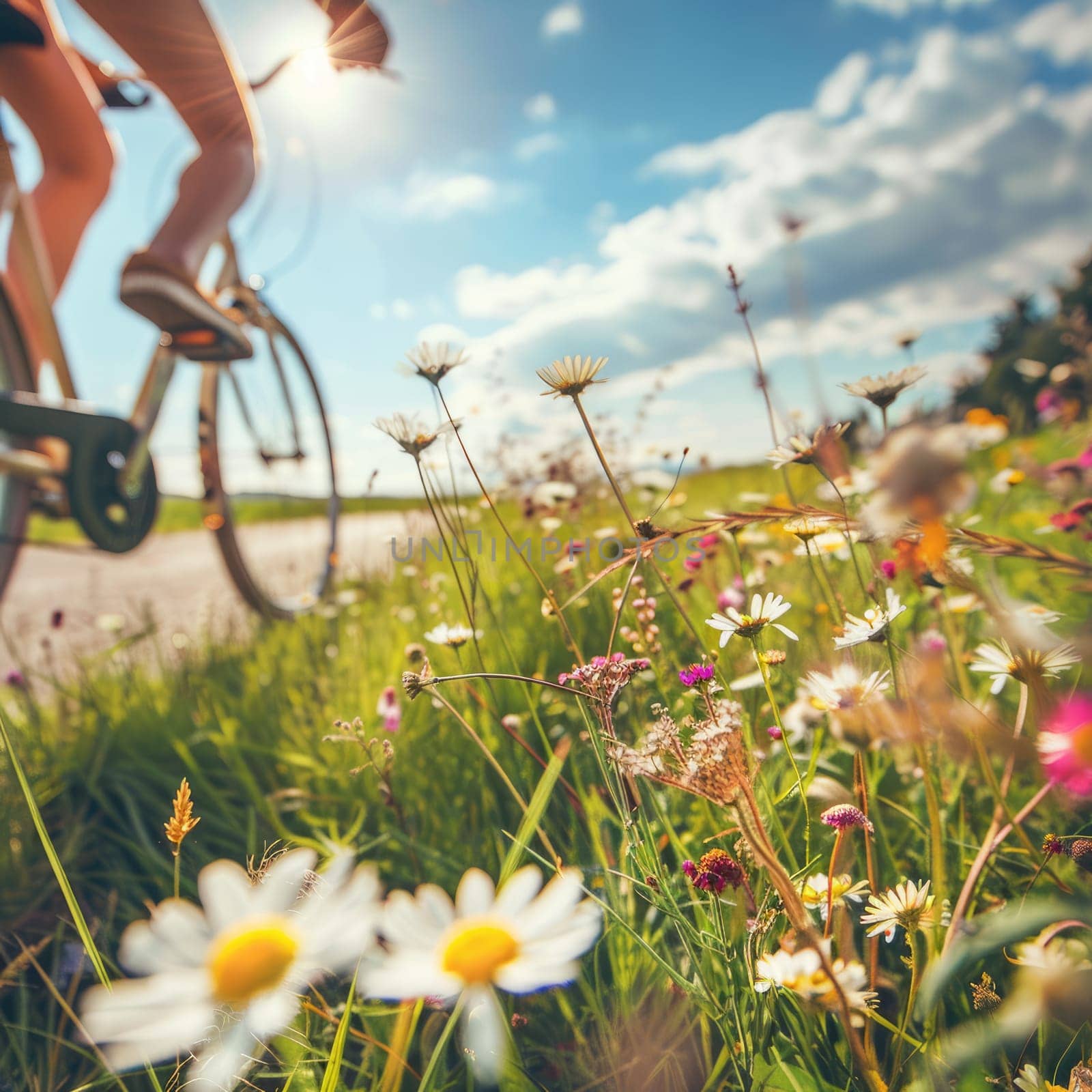 Riding a bicycle through a field of daisies, with the sun shining in the sky and fluffy clouds overhead, feeling the gentle breeze and admiring the beauty of nature AIG50