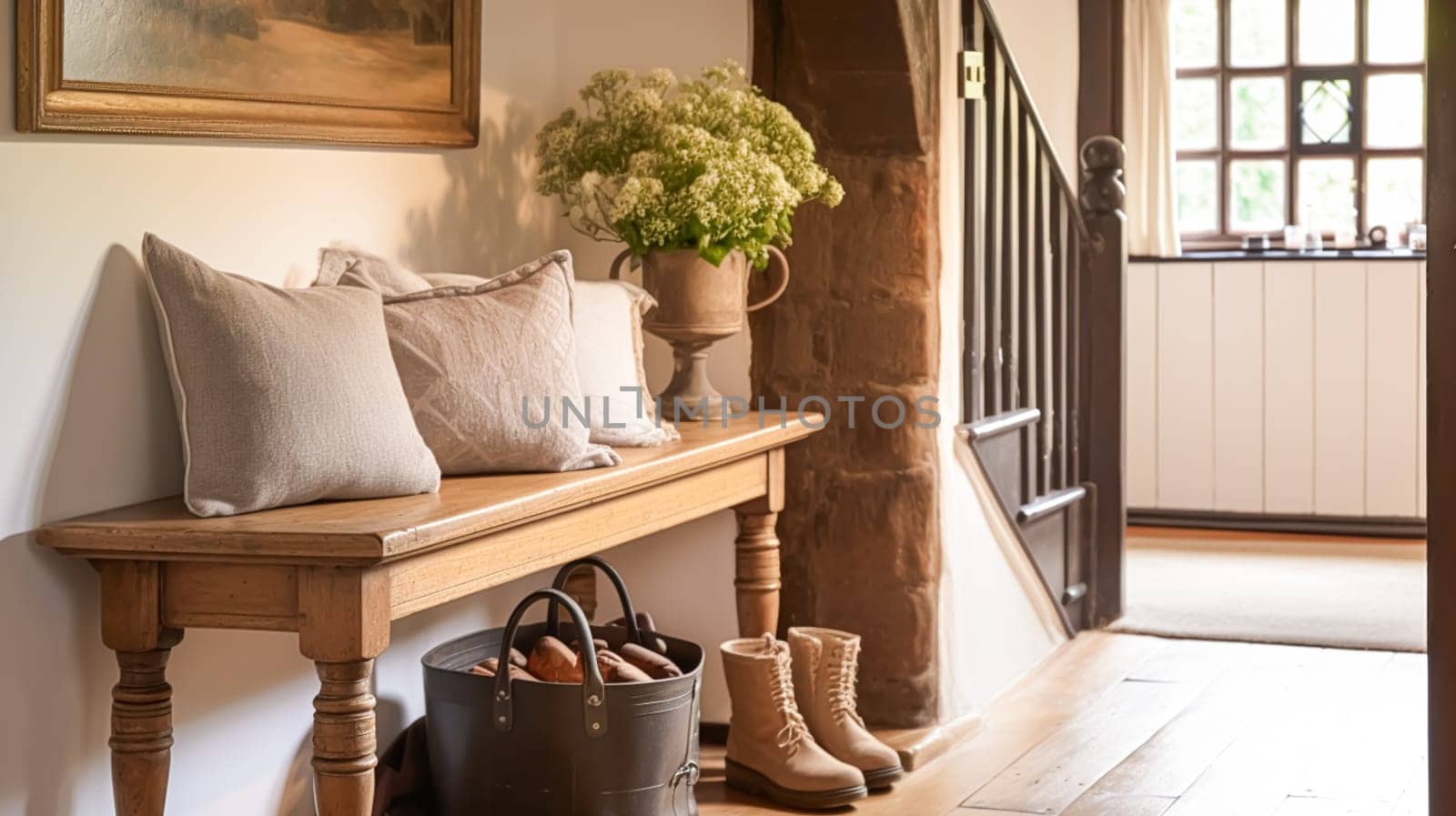 Autumnal hallway decor, interior design and house decoration, welcoming autumn entryway furniture, stairway and entrance hall home decor in an English country house and cottage style idea