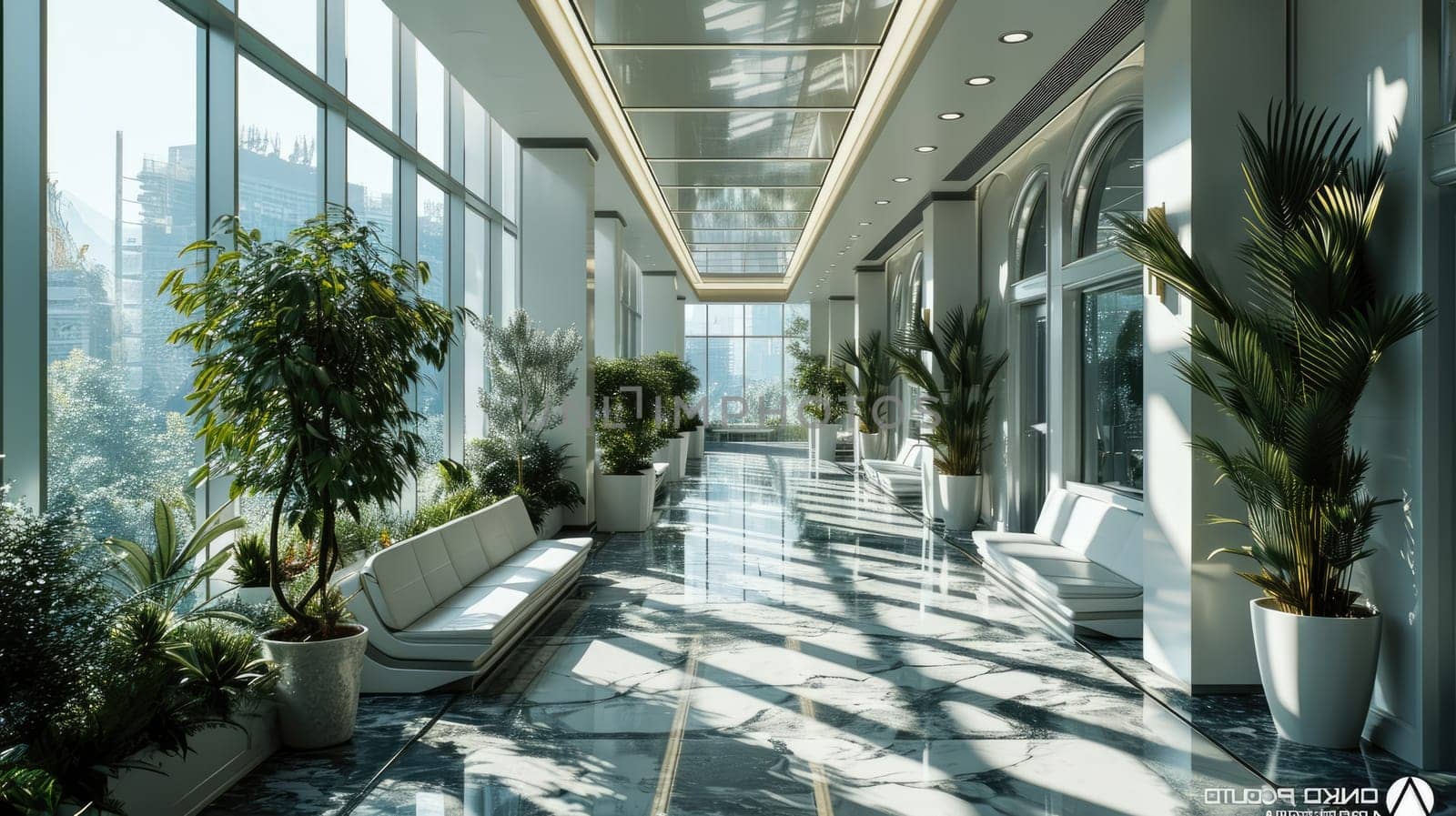 The great long hallway inside the architecture that similar to the hospital with the green tree and the white bench that stay on the white marble floor that reflect light in the bright day. AIGX03.