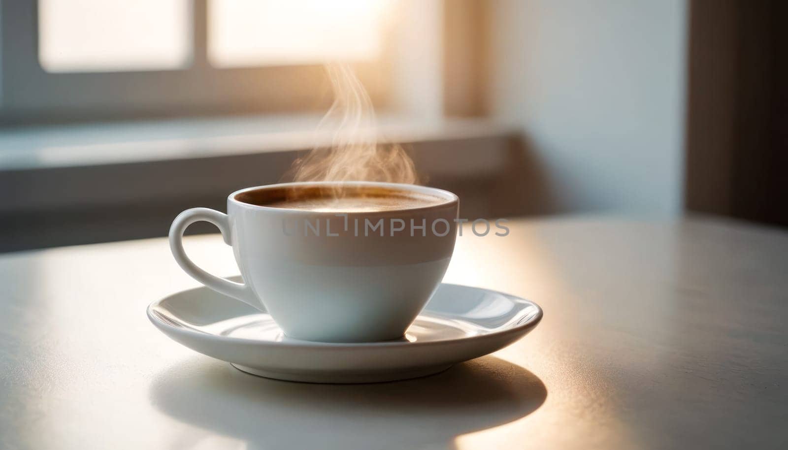 Morning Coffee: A white cup filled with steaming coffee rests on a clean white table, casting a subtle shadow. creating a serene morning scene