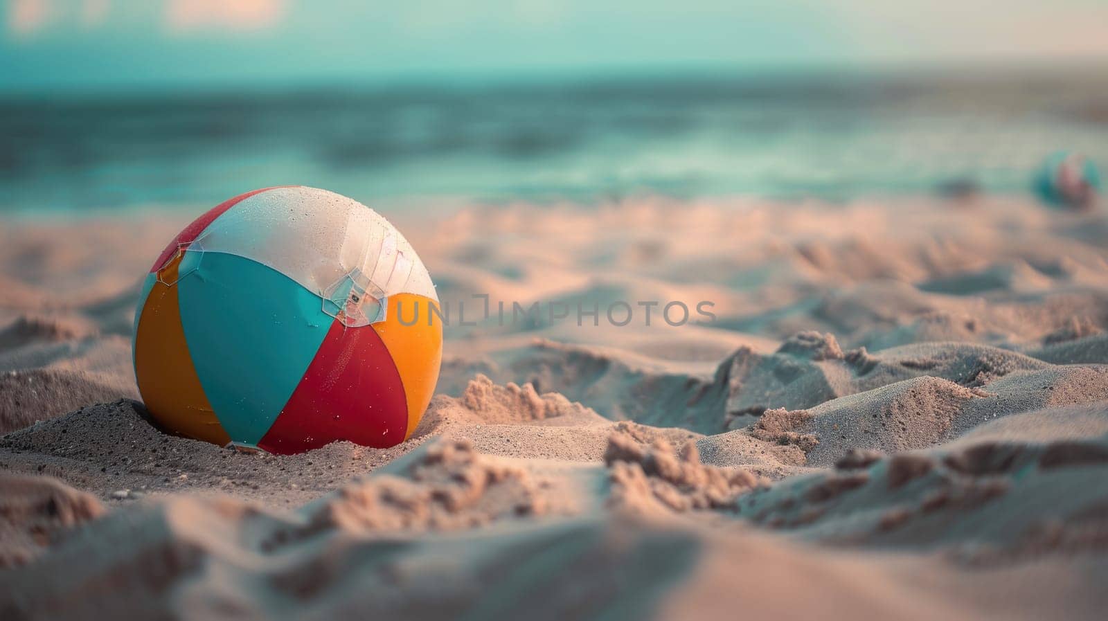 An electric blue beach ball rests on the sandy shore, adding a pop of color to the natural landscape surrounded by grass and soil. A fun fashion accessory for beach recreation AIG50