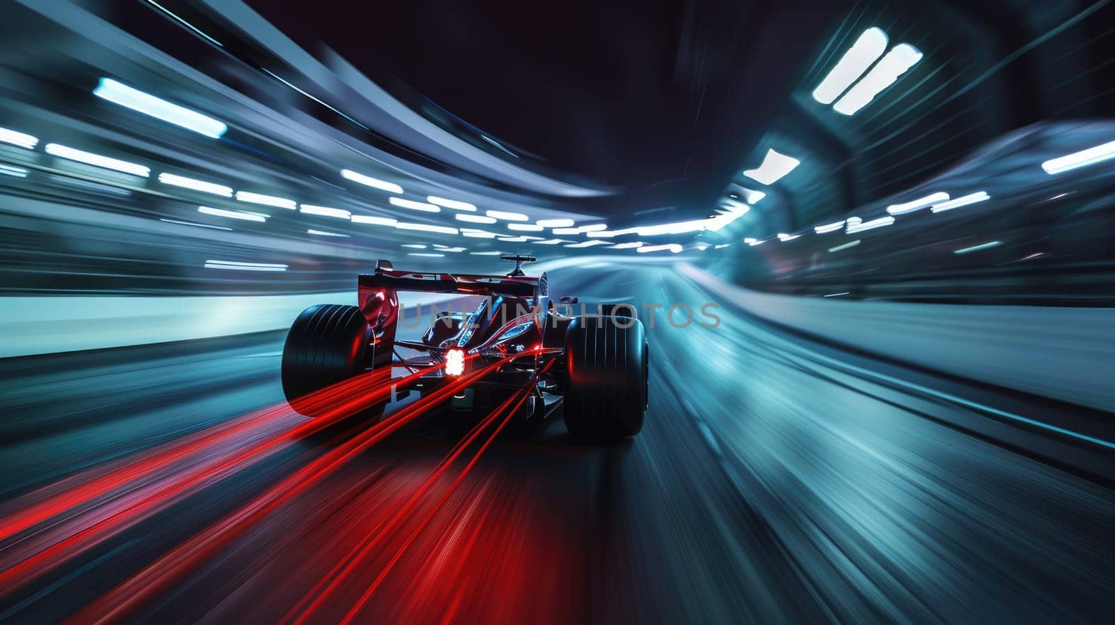 Back view of racing car moving at high speed along racetrack with speed. Racing car, propelled by the immense power of engine, hurtles down racetrack with incredible slicing through the air. AIG42.
