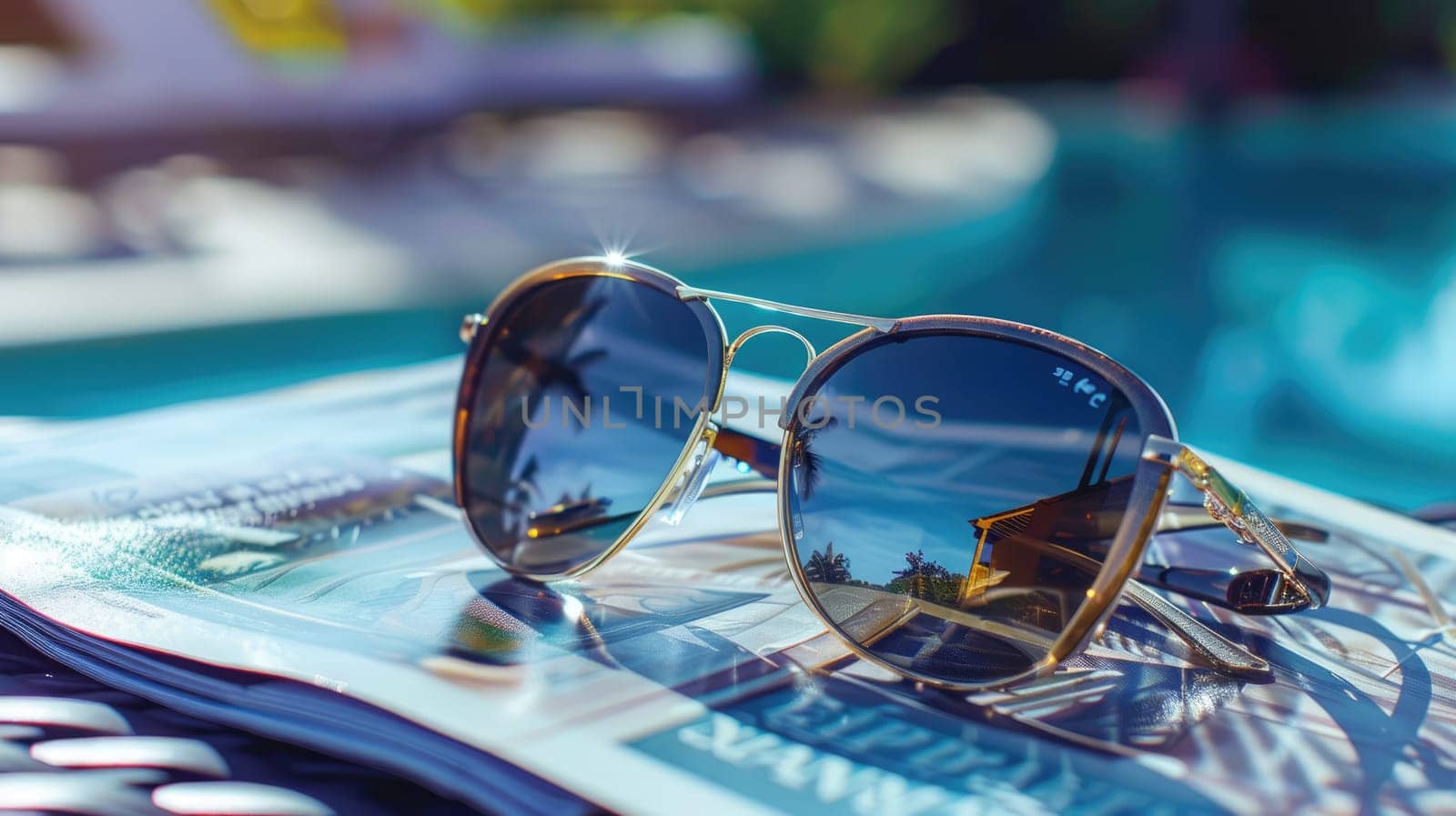 A pair of eyewear rests on top of an open magazine by the azure pool, reflecting the electric blue water. A scene of leisure and relaxation by the fluid aqua AIG50