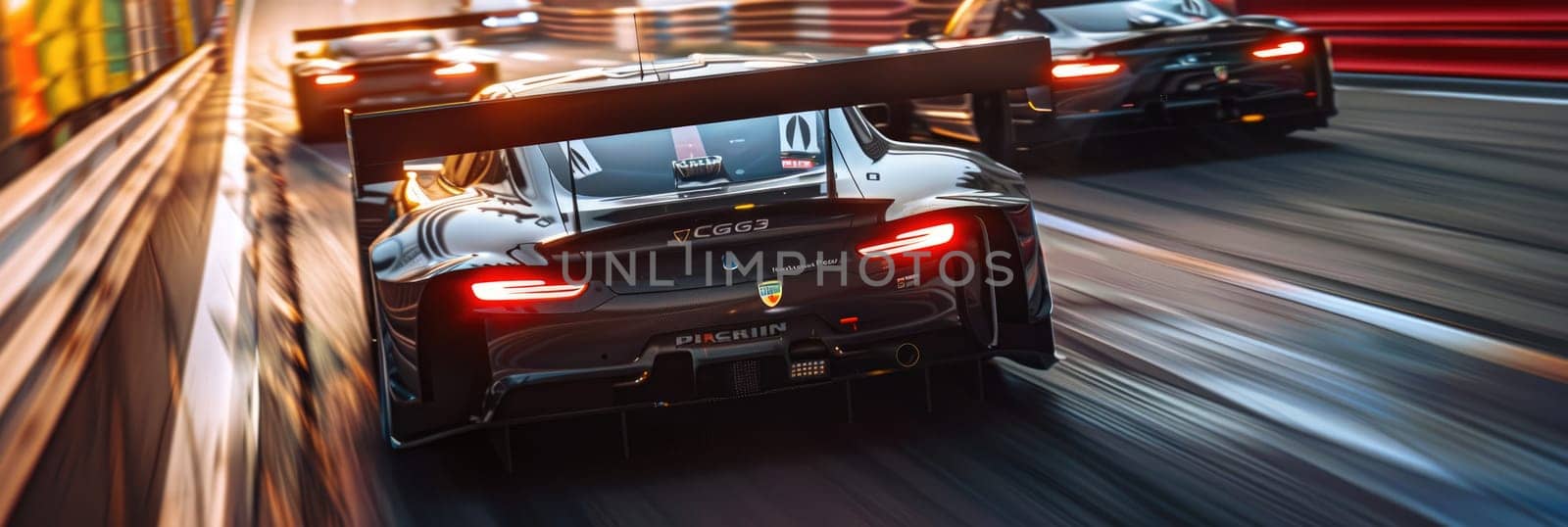 GT3 Super car racing on the circuit track while driving at high speed and accelerating at full power AIG44