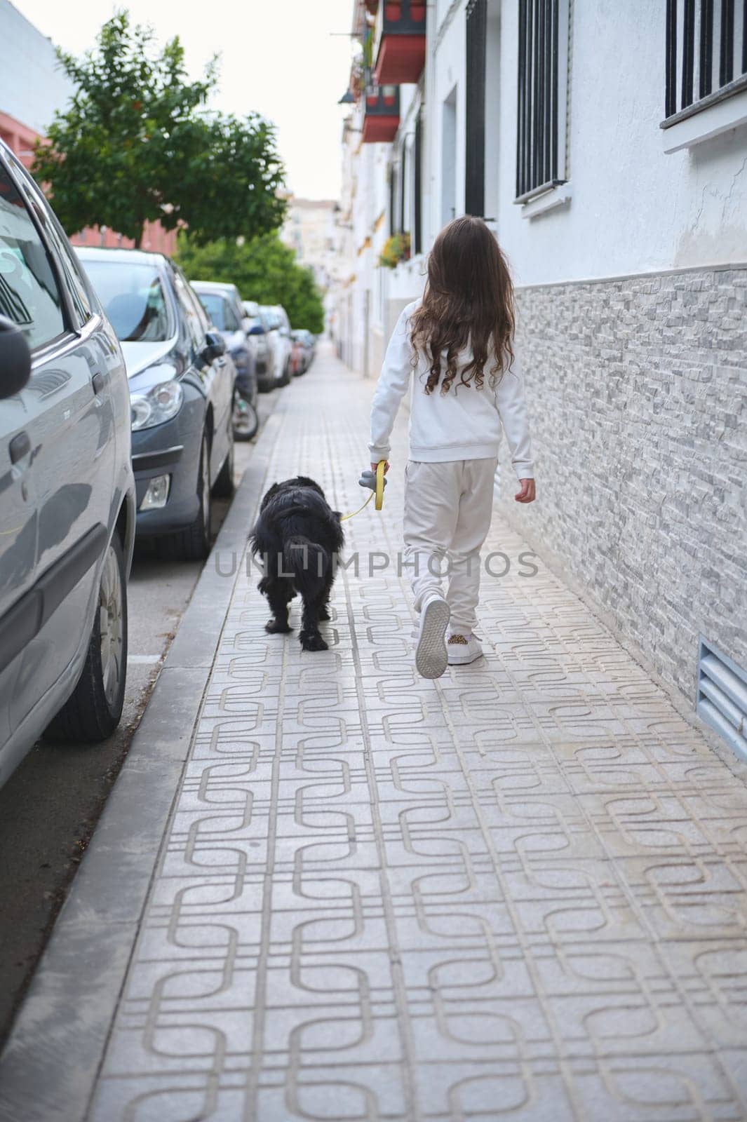 Full length rear view of a cute little kid girl in sportswear, walking her dog, a purebred black cocker spaniel on leash on the street. People and animals. Playing pets concept