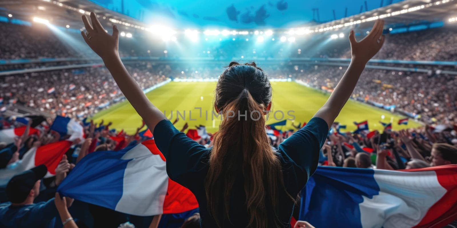 A lively crowd of fans with arms raised enthusiastically watch a soccer game in a vibrant stadium, amidst the green grass of a sport venue. AIG41
