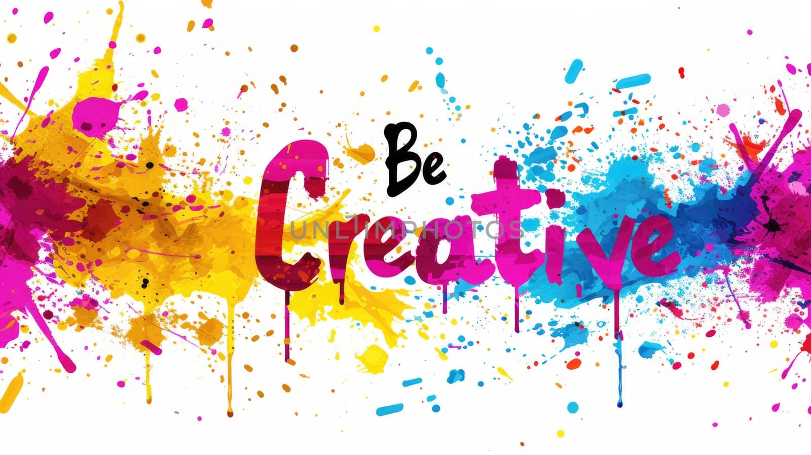 Letter of be creative in variant texture with splashing or stained colorful color with white background. Picture of lettering of be creative was painted or written by watercolor in art lesson. AIG42.
