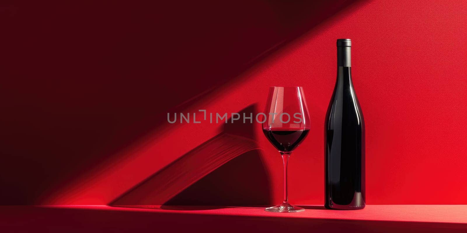 A bottle and glass of red wine on a red background. AIG51A.