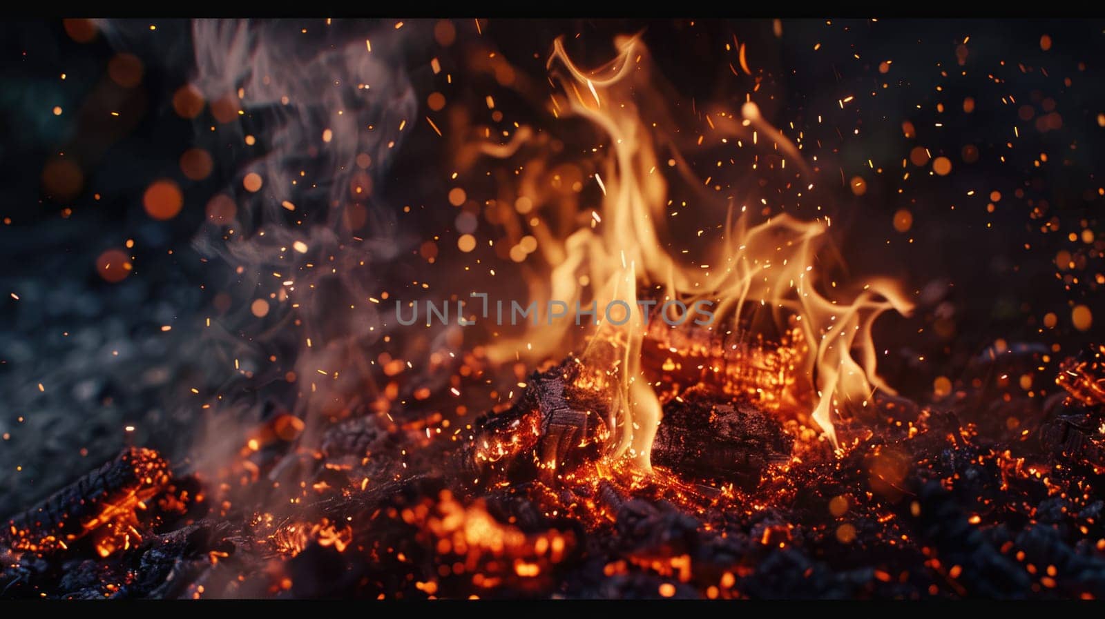 A close-up of lively flames and embers from a summer bonfire. AIG50