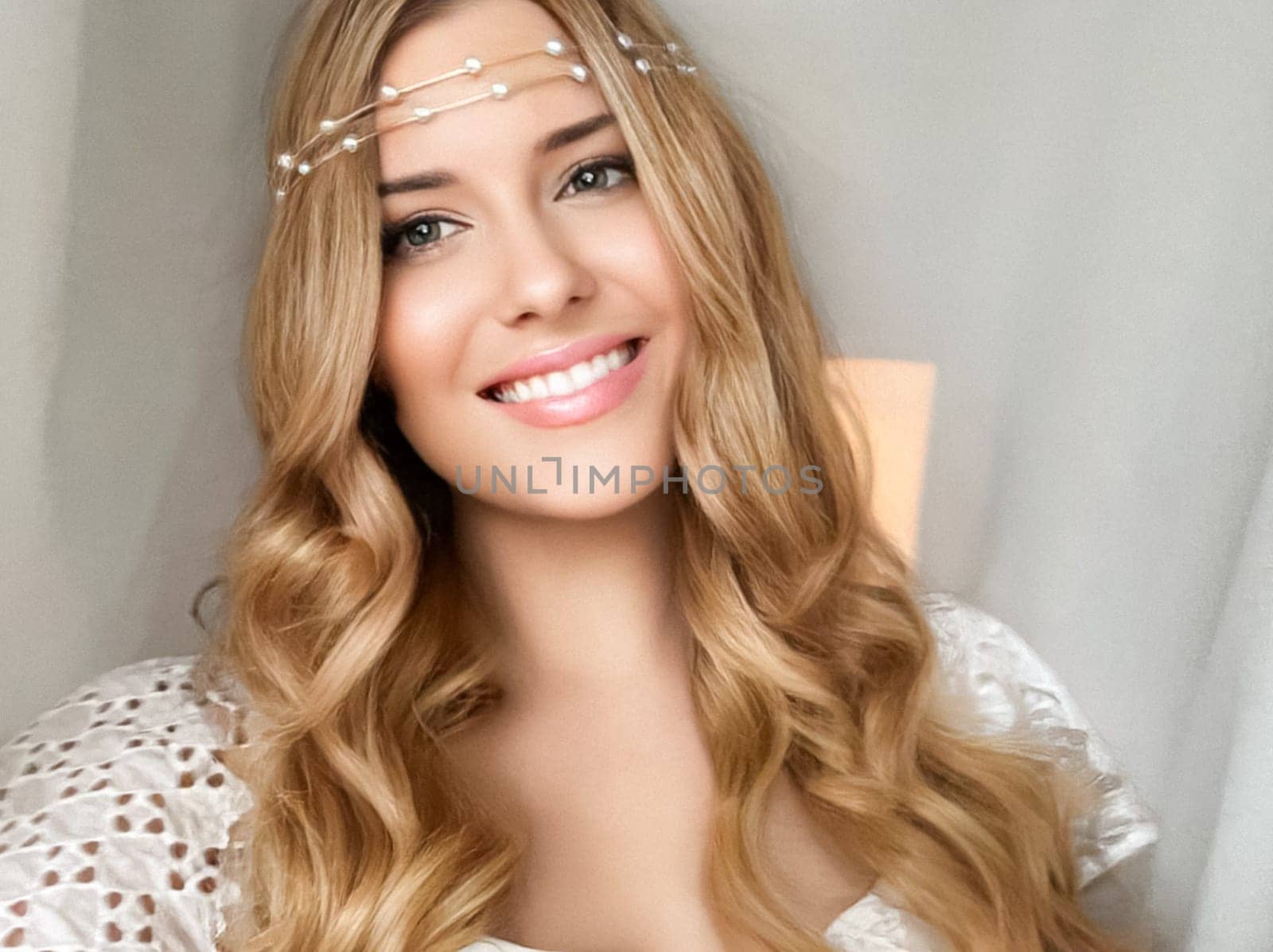 Beautiful bridal look, bride with long hair, wearing pearl tiara jewellery and beauty makeup, blonde woman with curly hairstyle, face portrait for wedding and fashion style by Anneleven