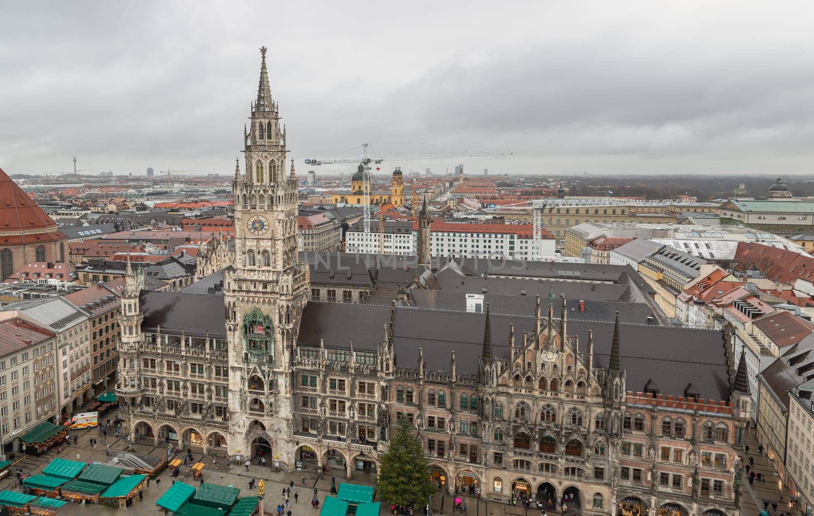 Munich, Germany - Dec 22, 2023 - Aerial view of the New Town Hall (Neue Rathaus). Marienplatz square is the most important town square of Munich and is a pedestrian zone, Munich, Upper Bavaria, Space for text, Selective focus.
