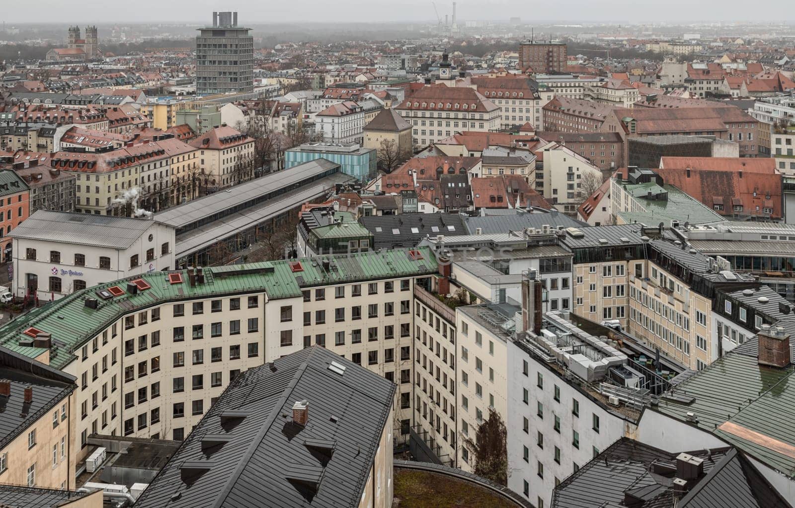 Munich, Germany - Dec 22, 2023 - General aerial view of Munich from a tower. Cityscape of Munich city downtown, Space for text, Selective focus.