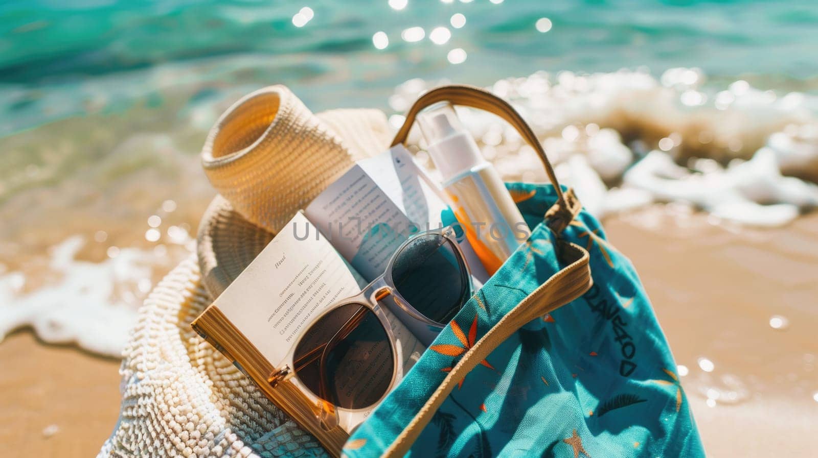 On the sandy beach rests a hat, sunglasses, a book, and a water bottle. The liquid inside glistens under the sun, creating a scene of leisure and relaxation AIG50