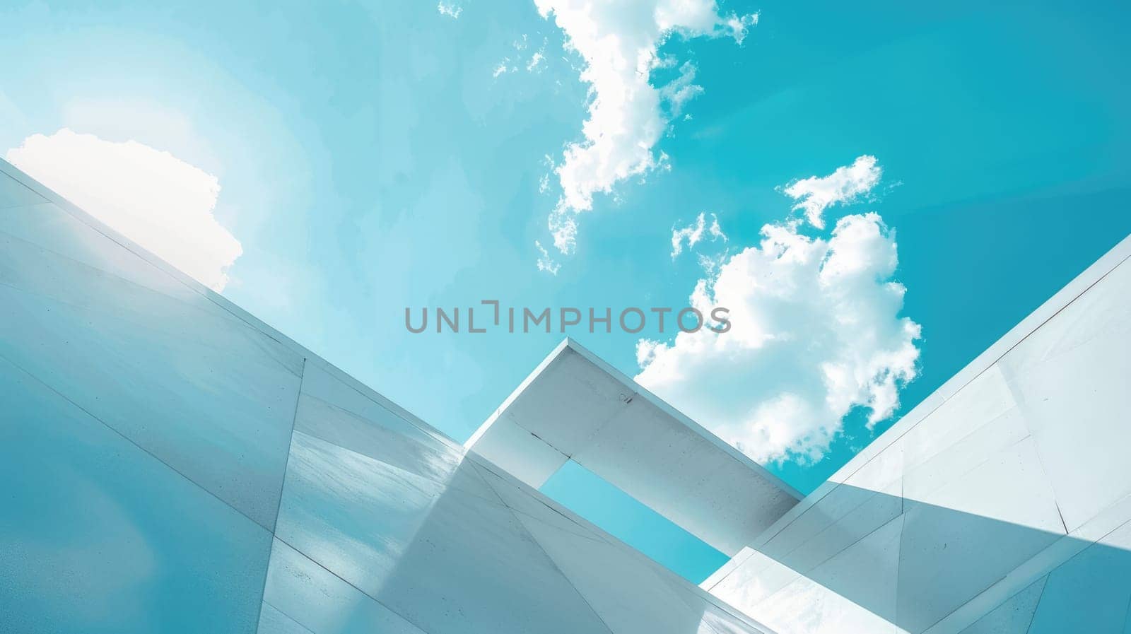 An upward view of a modern building with a blue sky and wispy white clouds in the background. AIG51A.