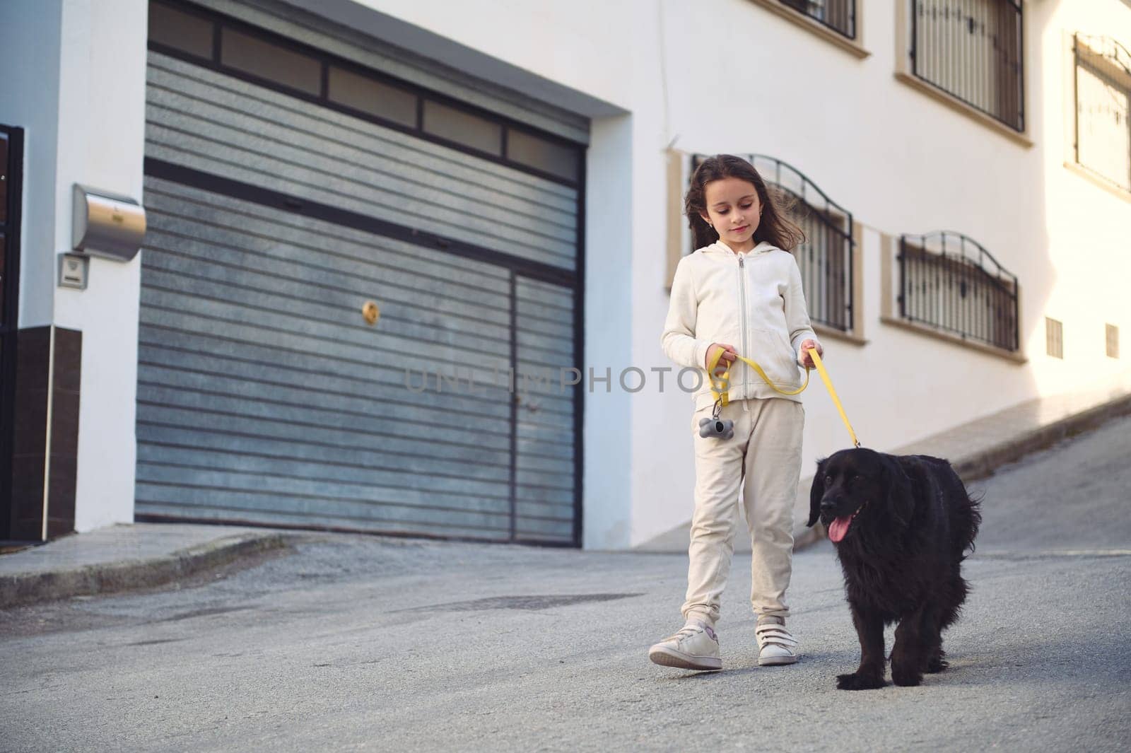 Happy little child girl walking her dog on leash on the city street by artgf