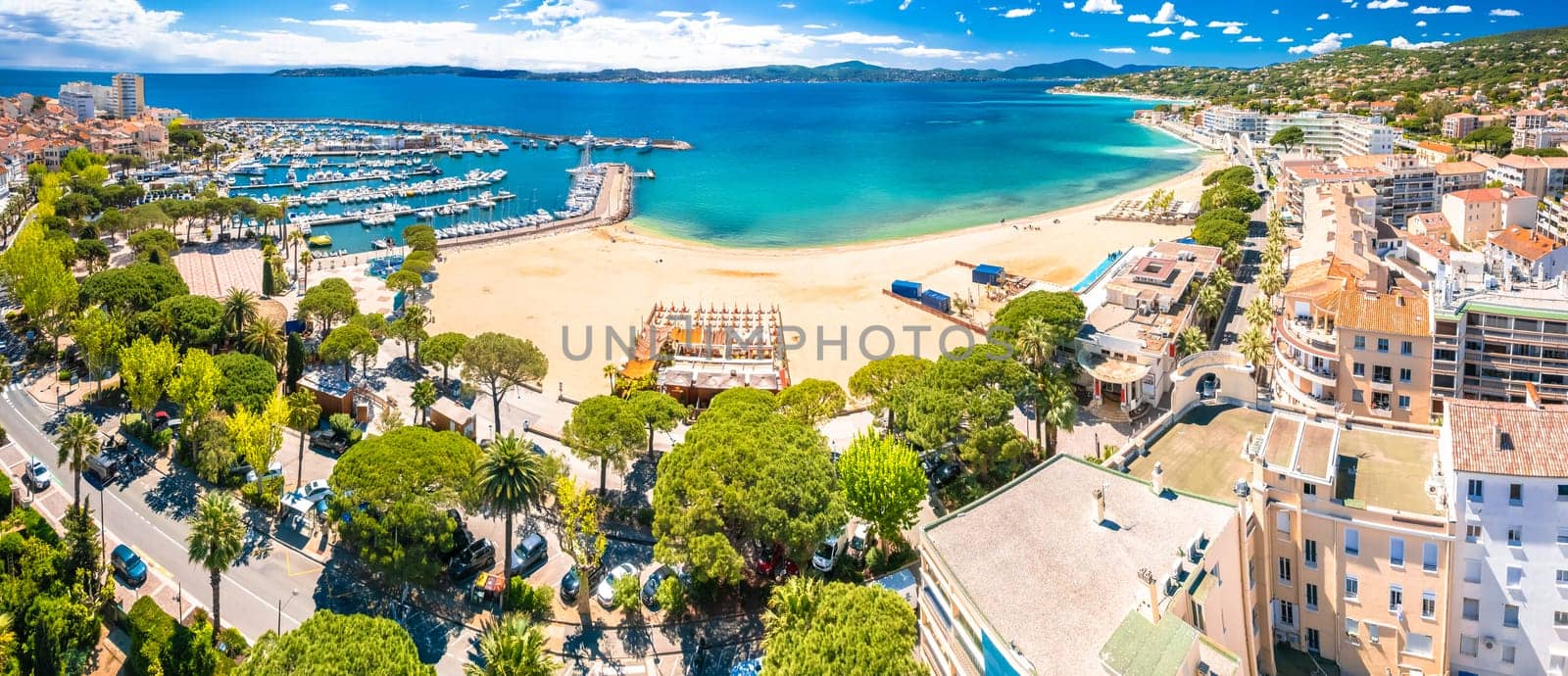 Town of Sainte Maxime beach and waterfront aerial panoramic view by xbrchx