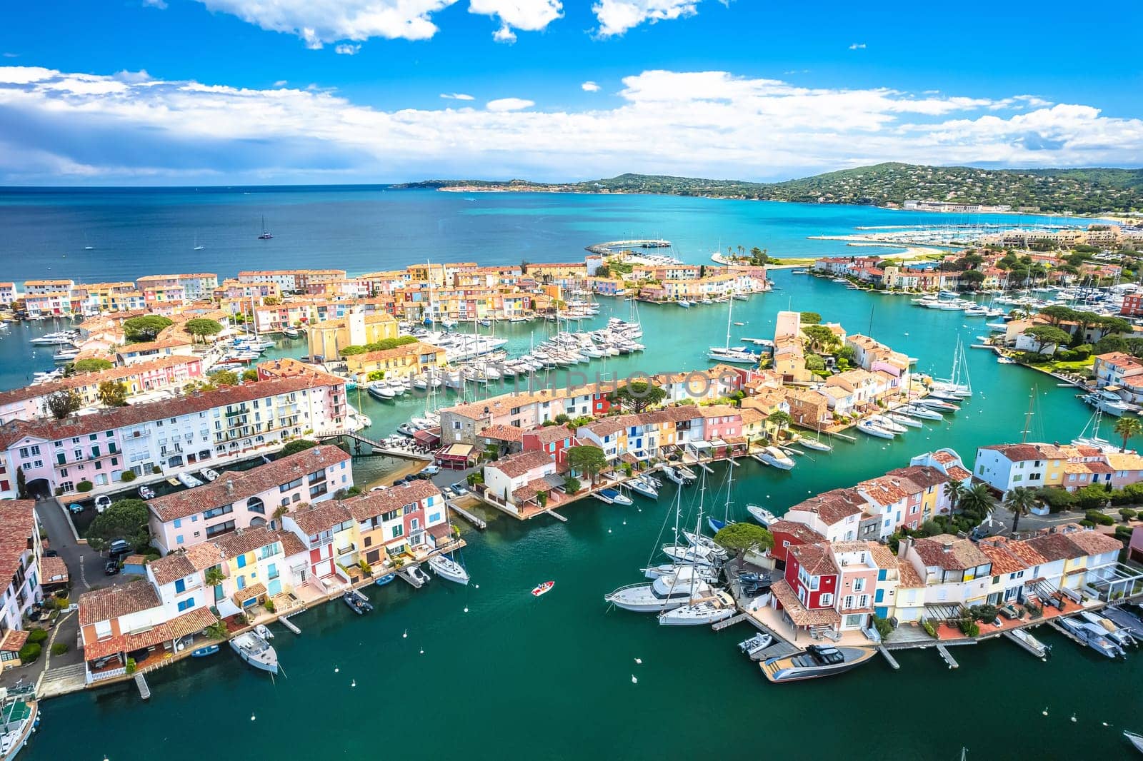 Scenic Port Grimaud yachting village marina aerial view, archipelago of French riviera