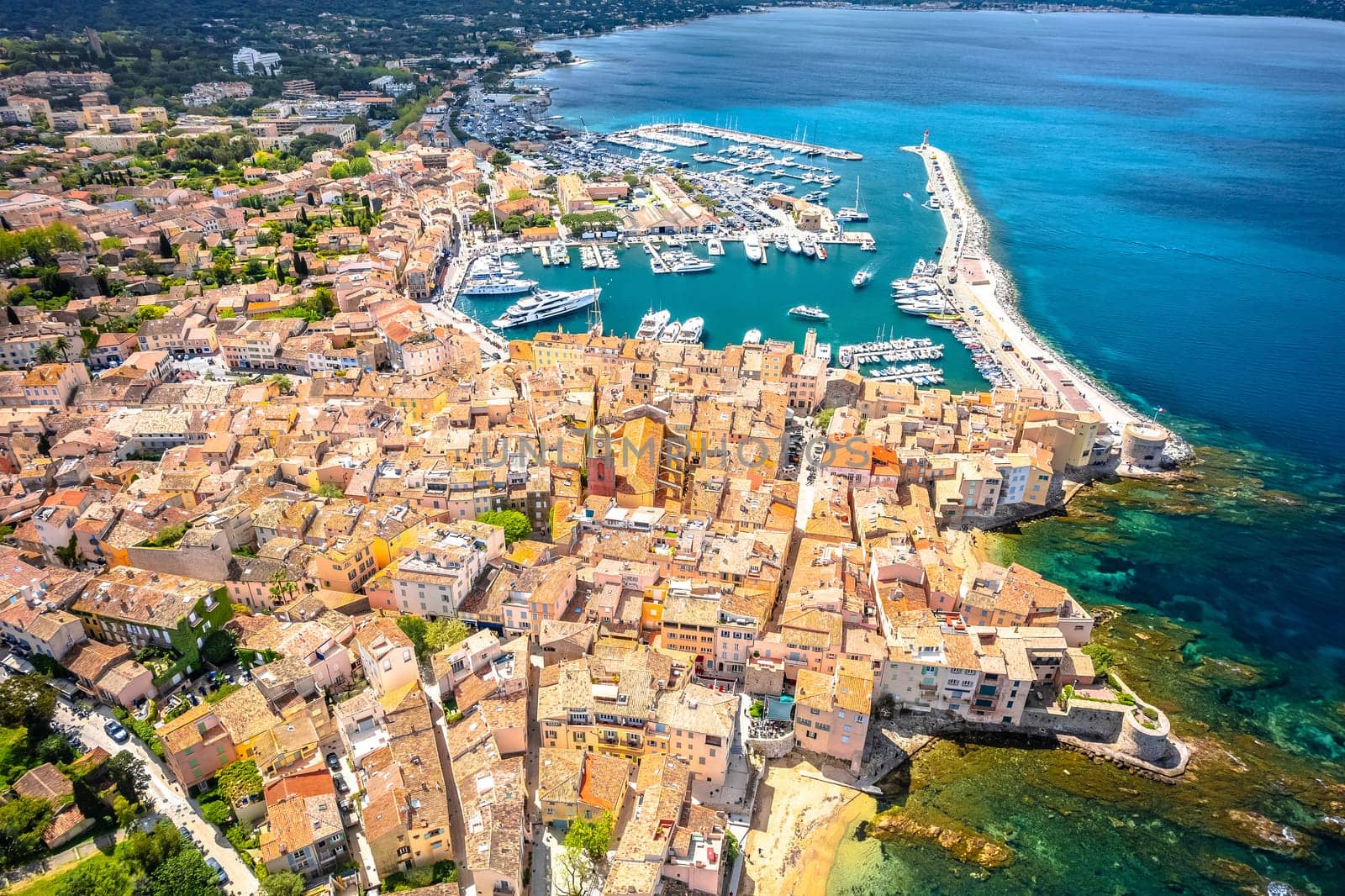 Village of Saint Tropez aerial view, luxury travel destination in South of France