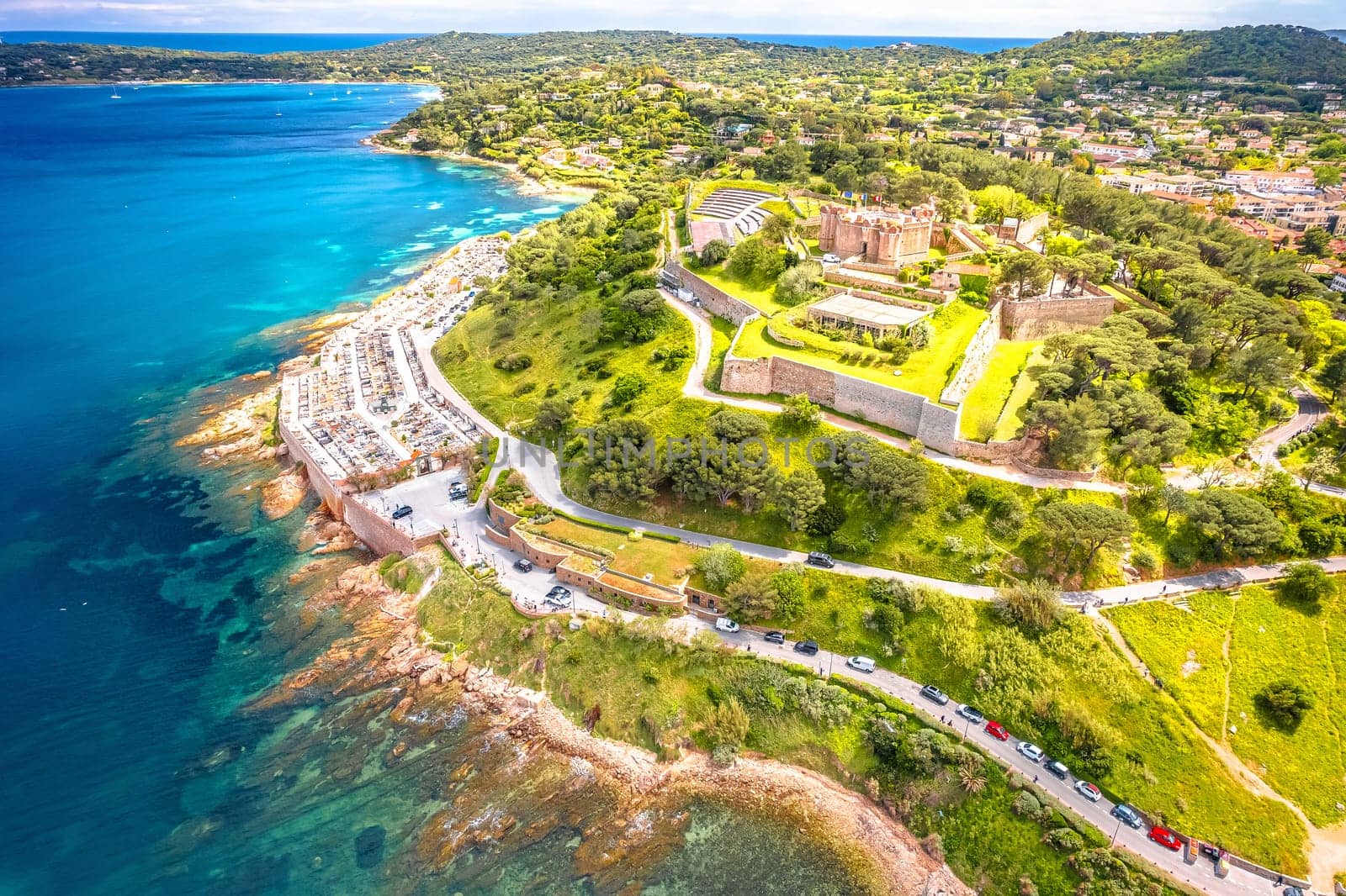 Saint Tropez fortress and graveyard aerial panoramic view, famous tourist destination by xbrchx