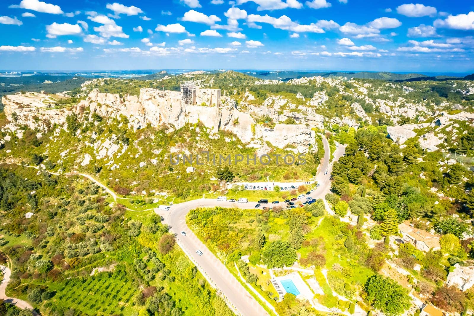 Les Baux de Provence scenic town on the rock aerial view, southern France