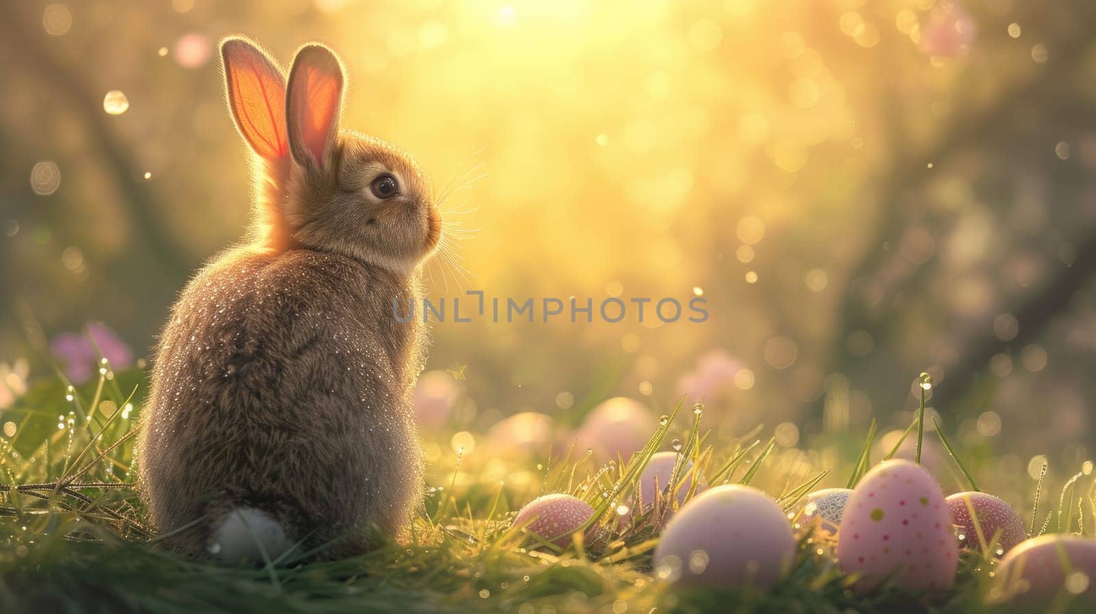Brown bunny with sitting with golden sunshine shining under tree at in sunny day with easter egg scattering around at grass or magical garden. Fluffy rabbit sitting near colorful easter egg. AIG42.