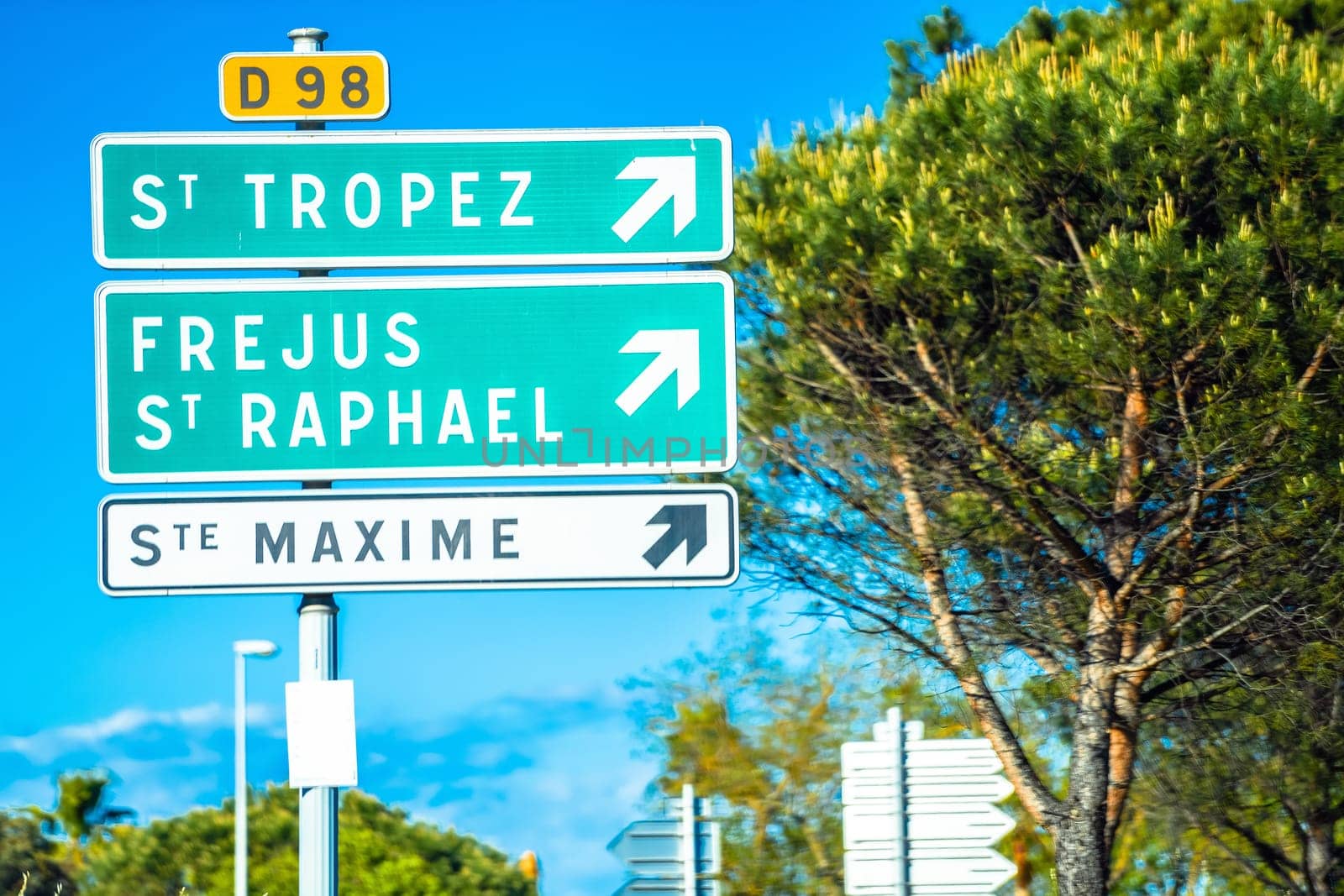 Cote d Azur road sign to Saint Tropez, south of France