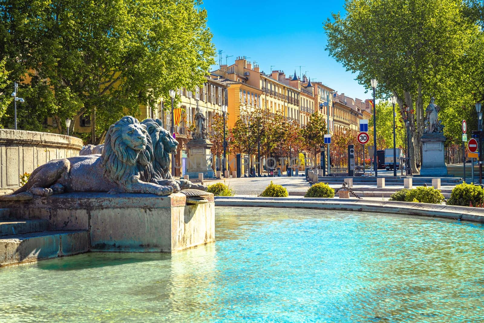 Aix en Provence fountain and cityscape view, Provance region of southern France