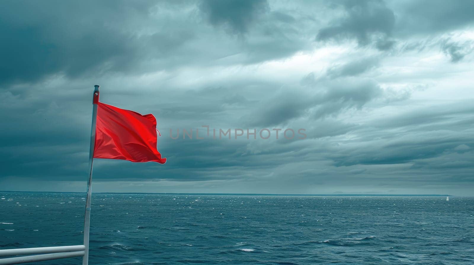 A vibrant red flag flutters under a cumulus cloud in the electric blue sky amidst the vast expanse of liquid water, signaling a warning to travelers of potential danger ahead AIG50