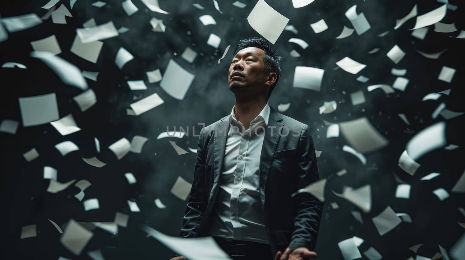 A man in a suit is standing in a room with paper flying everywhere. The scene is chaotic and disordered, with the man looking up at the papers as if they are falling from the sky