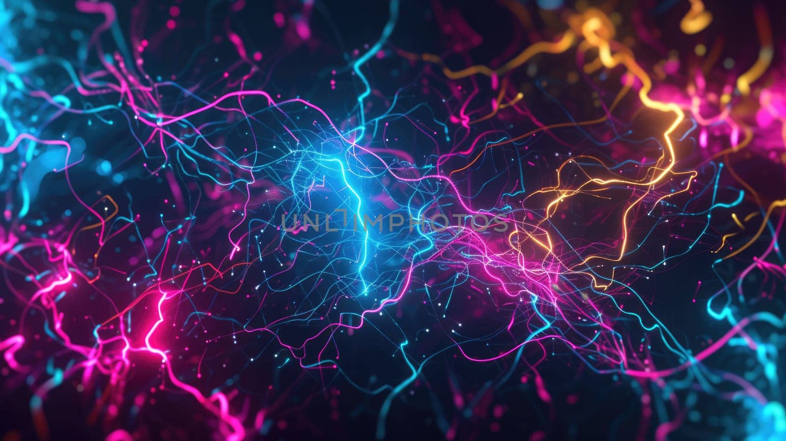 An image of abstract glowing neon light wallpaper with black background. A picture of messy futuristic technology glowing light line with chaotic and tangle line like electrical thunder light. AIG42.