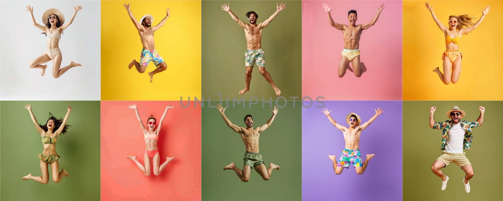 Summer people collection set, diverse people jumping on colorful background, many people funny jump wearing summer outfit fashion ready for swim and summer activity, summertime, beachwear AIG48