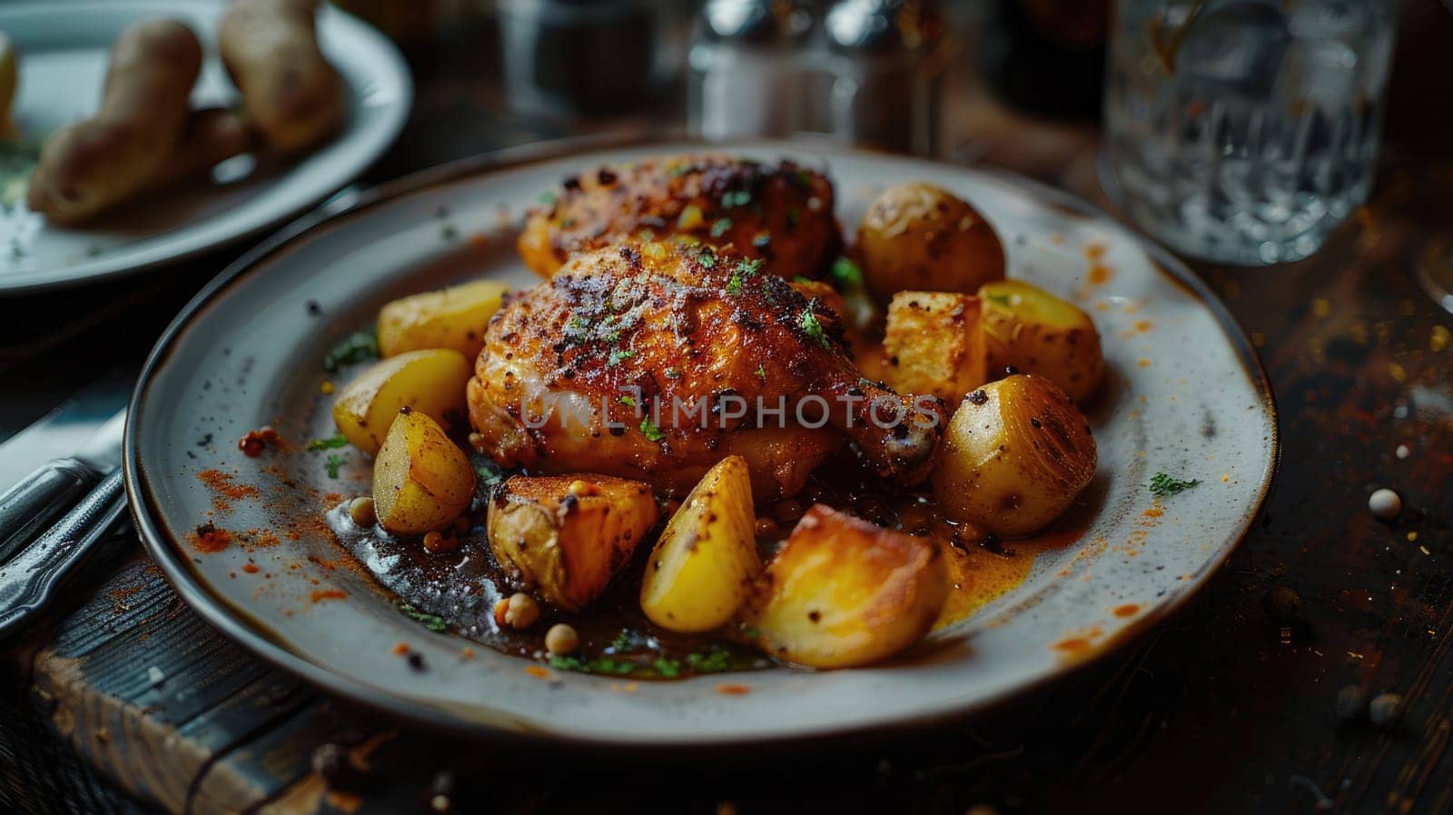 A delicious and healthy meal of chicken and potatoes, seasoned with herbs and spices. AIG51A.