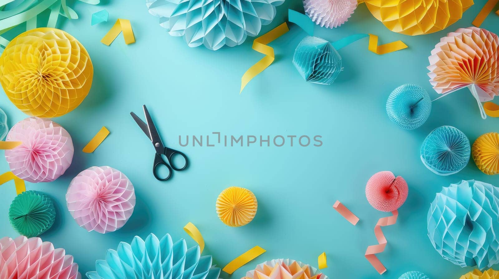 There is an array of craft supplies on the table including green textiles, plant motifs, aqua paint, magenta patterns, and creative art materials AIG50