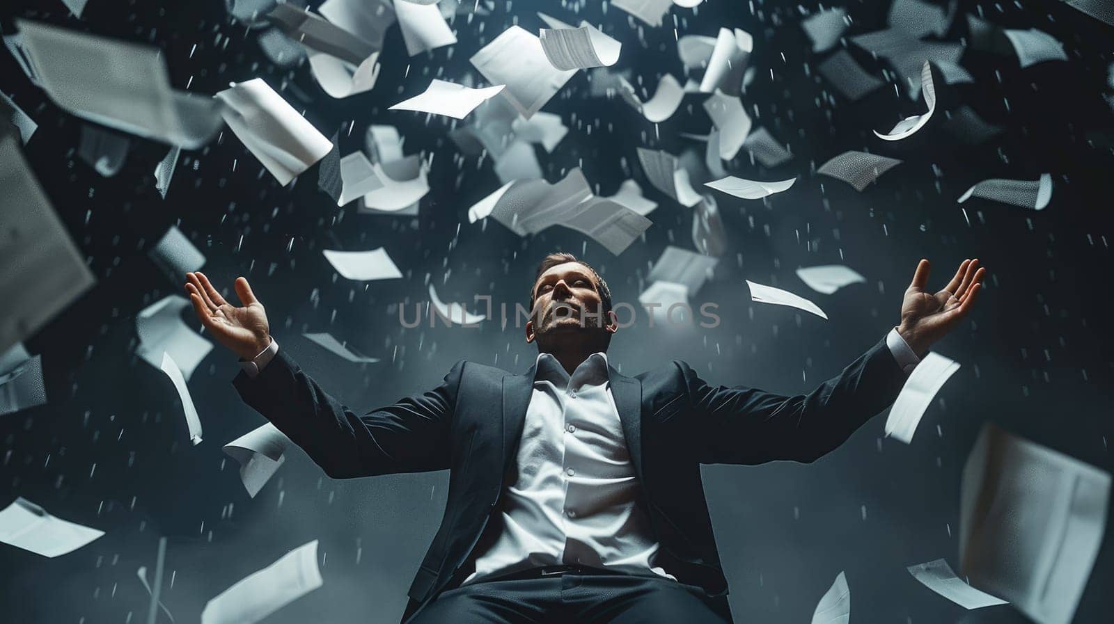 A businessman with pile of papers flying on air, Expressing anxiety or stress.