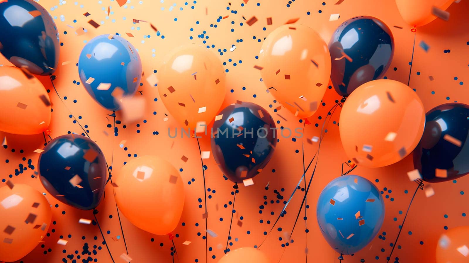 Vibrant orange and electric blue balloons, along with colorful confetti, float on a background resembling liquid orange. The vivid colors create a festive atmosphere