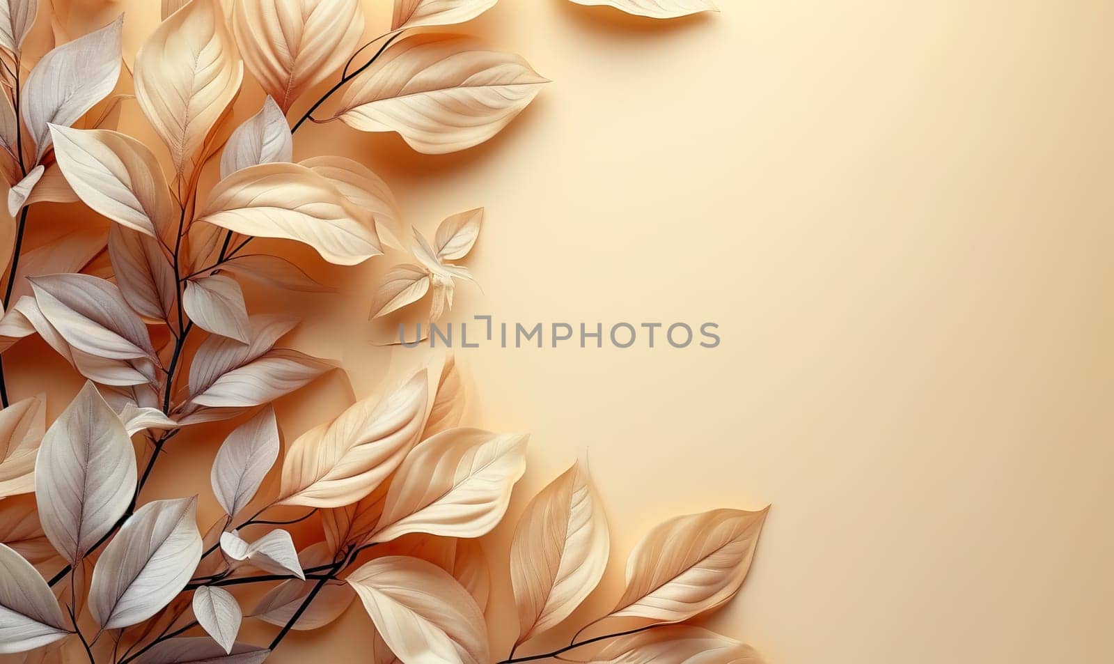 Branch with beige leaves against beige. Selective focus.