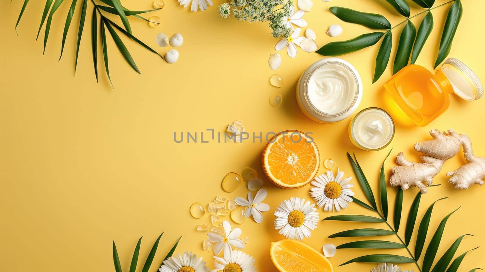A variety of citrus fruits and green leaves are arranged on a yellow background, complemented by wooden tableware and serveware for a refreshing drink AIG50