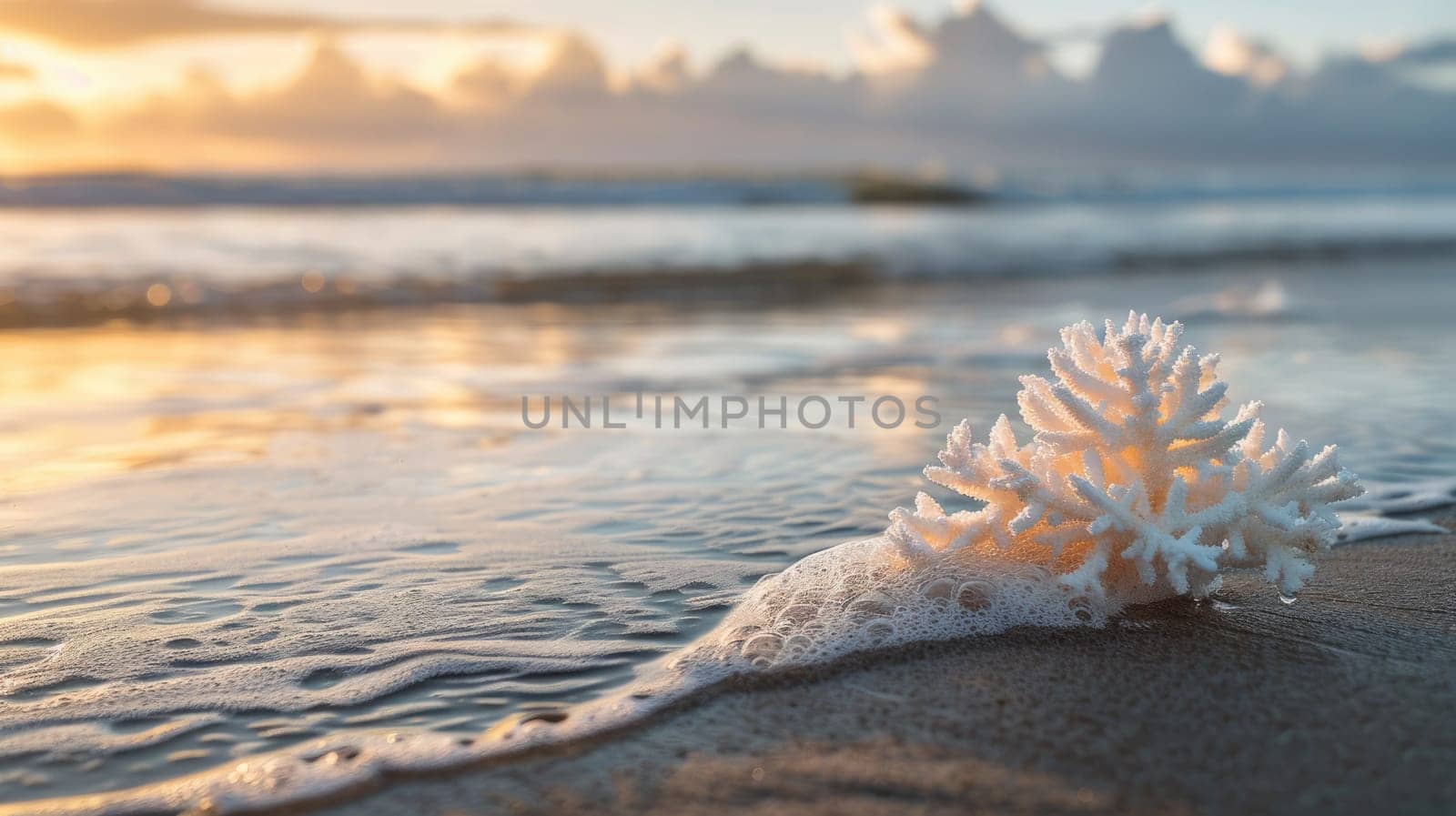 A white coral rests on a bedrock surrounded by rocks on the beach, creating a unique landscape with terrestrial animals and grass AIG50