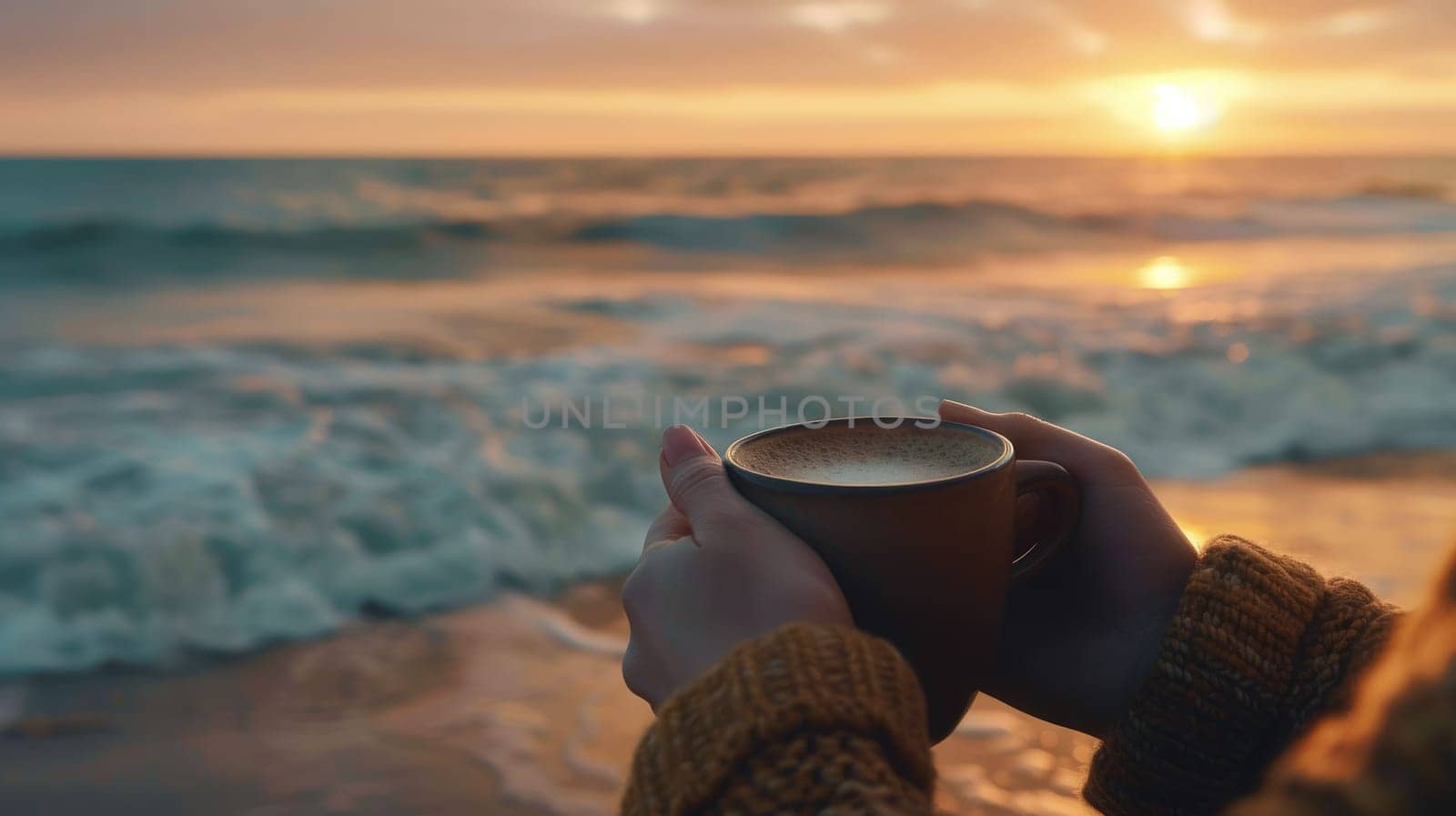 The close up picture of the person is holding the cup of the coffee by their own hand also walking at the side of the beach near the sea or an ocean that has been shine by the light from a sun. AIG43.