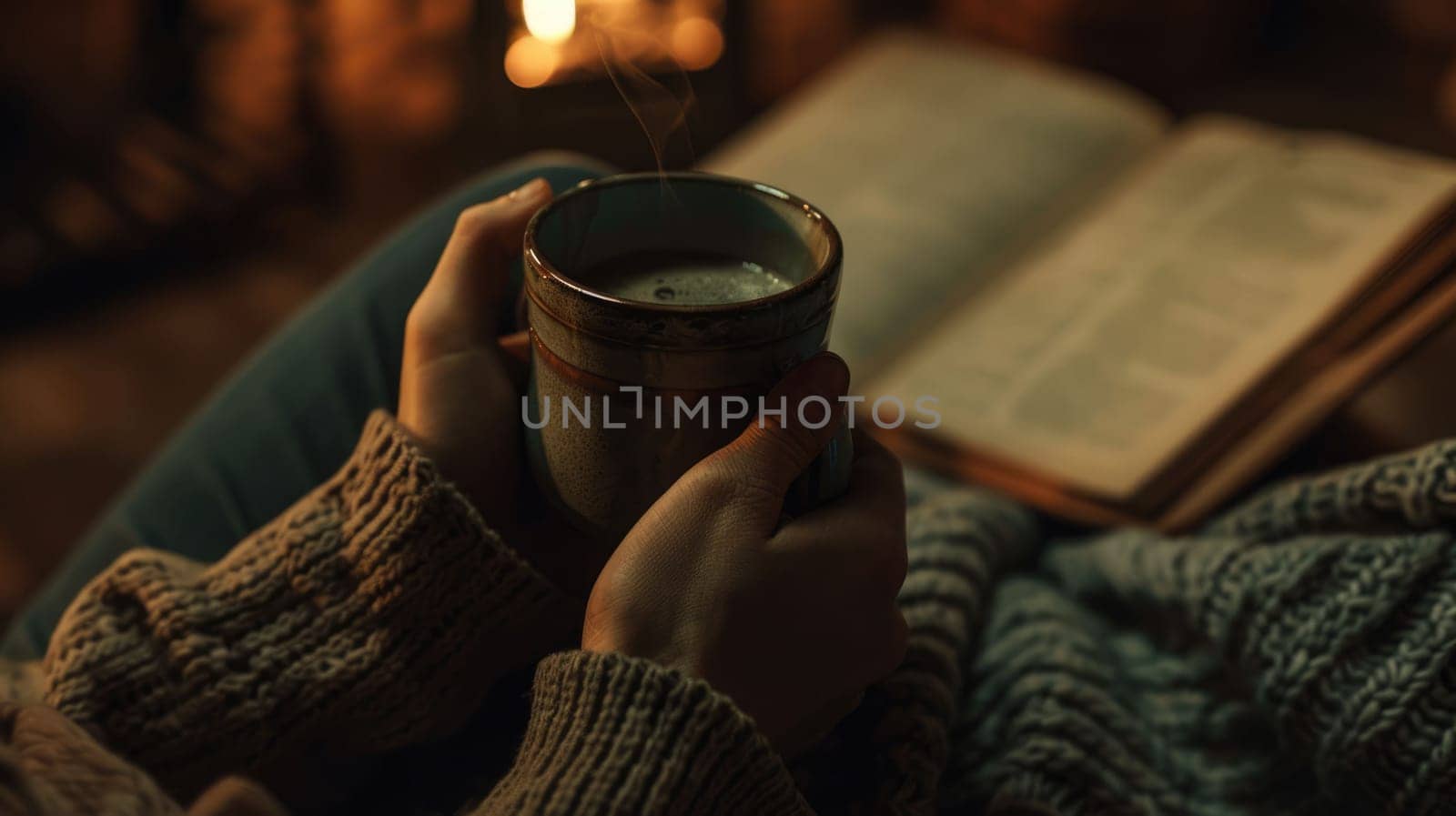 The close up picture of the person is holding the cup of the coffee by their own hand to relax inside the living room for the relaxation near the window that has been shine with the sunlight. AIG43.