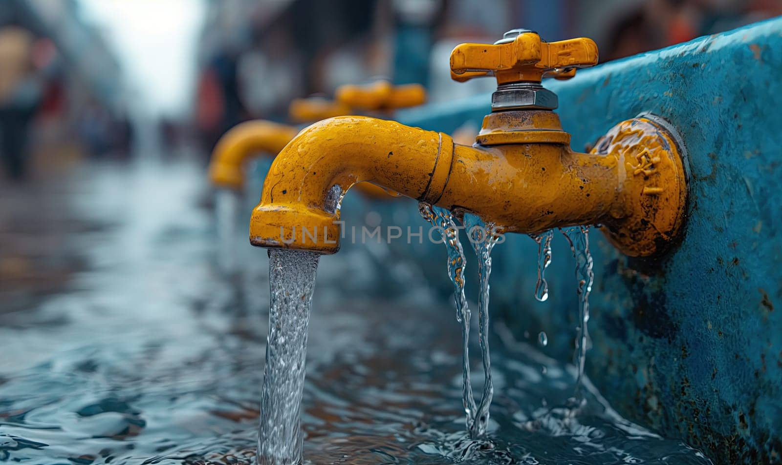 Close-Up of Faucet With Water Flowing. Selective focus.