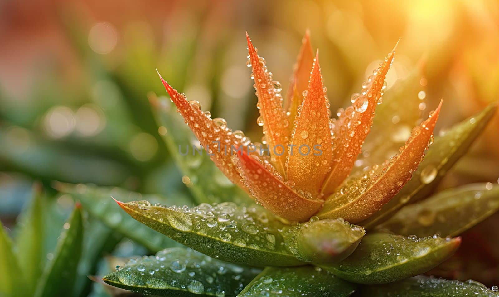 Fresh Aloe Vera Plant With Dew Drops. Selective soft focus.