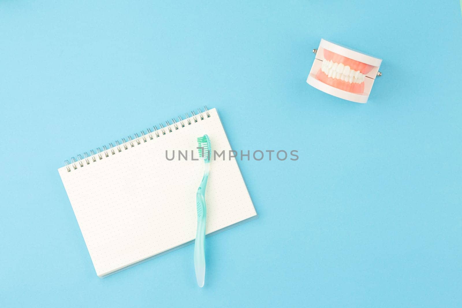 Dental concept. Oral hygiene. Spiral notepad with tooth brush on blue background. Model of the jaw on the dentist table top view.