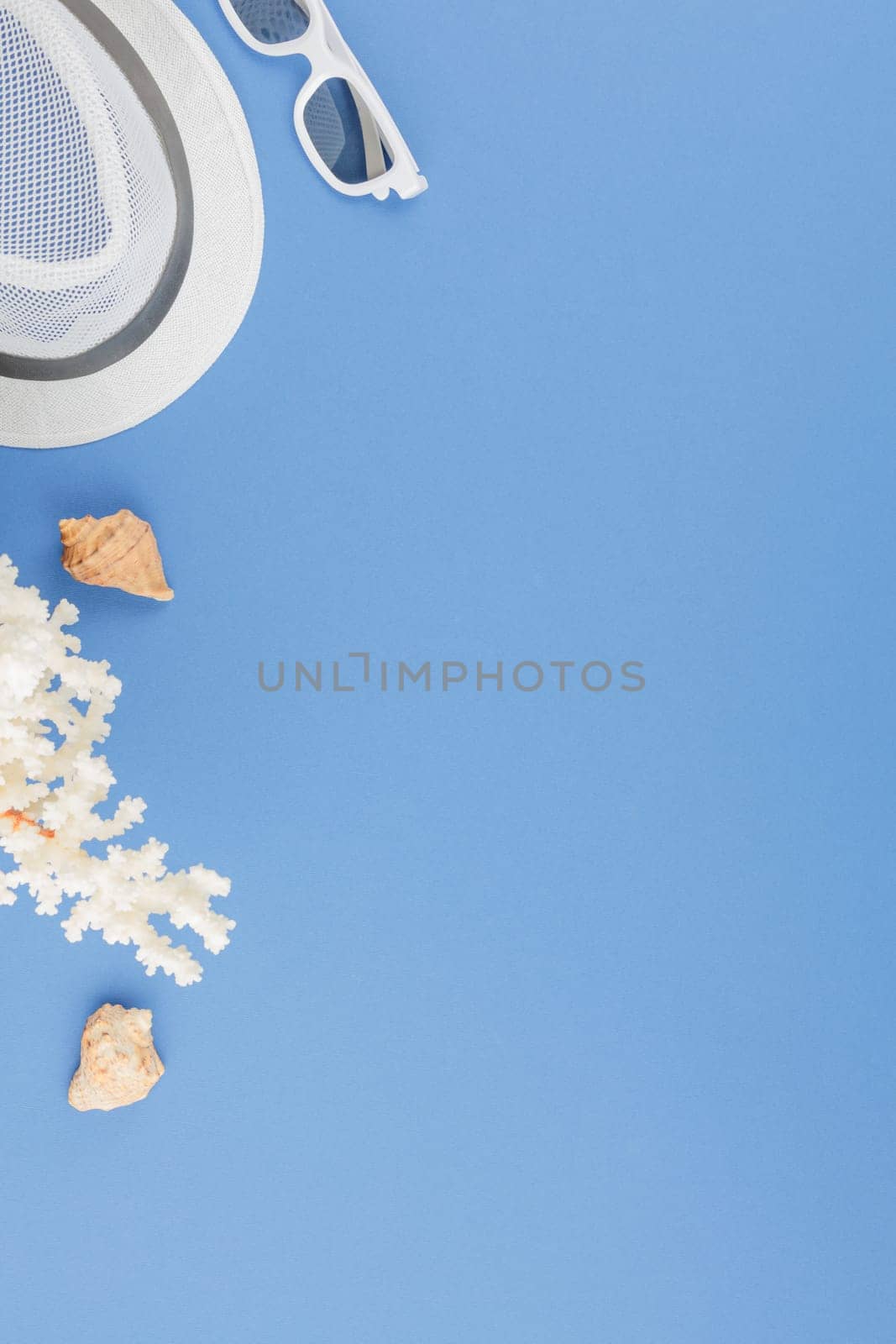 Seashells with corals on a blue isolated background. Top view. Summer vacation concept. Beach hat with sunglasses. Flat lay.