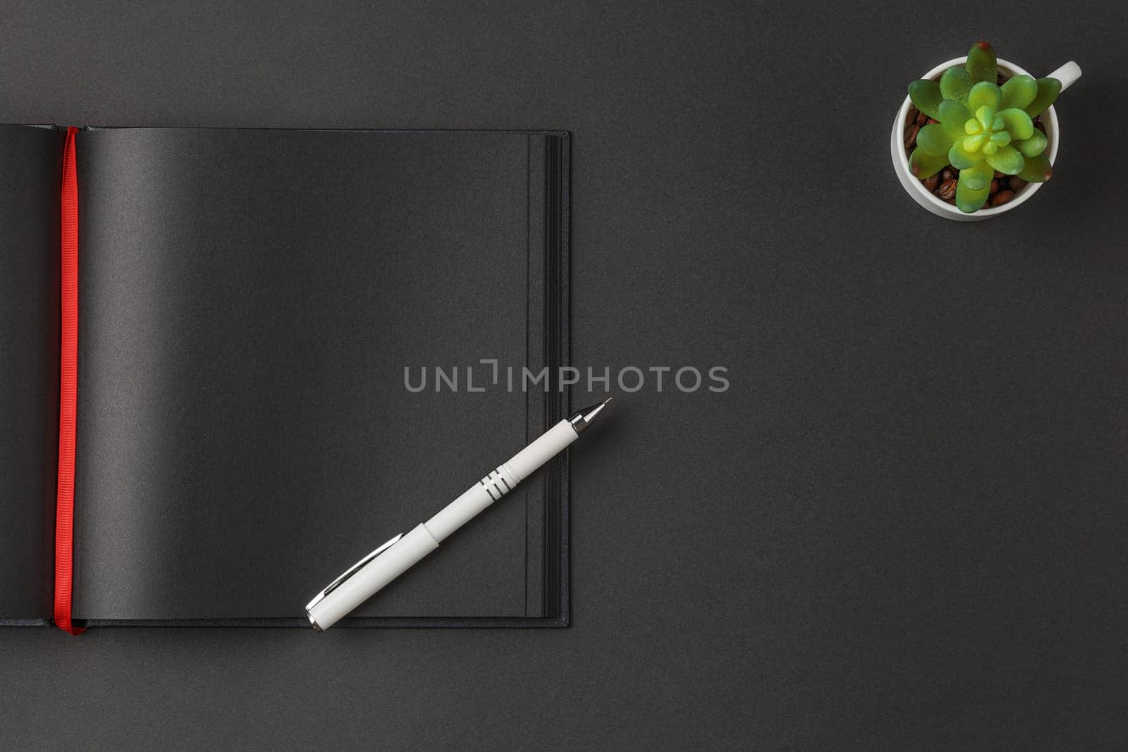 Black notebook with red ribbon bookmark and white pen on it and white cup for green ornamental plant on a dark background, flat lay.