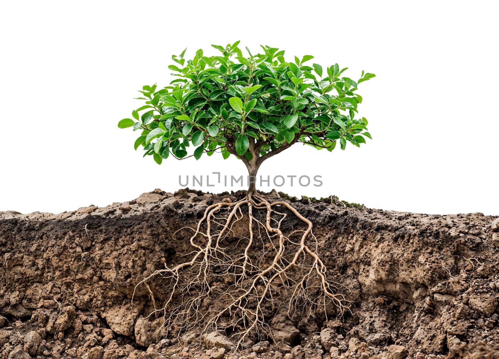 A detailed image of small tree with root system growing underground