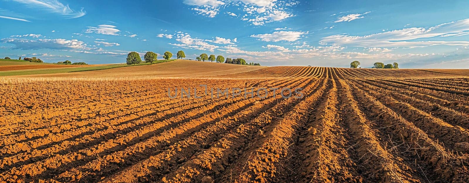A plowed field under a clear blue sky with fluffy clouds, showcasing keyline plowing technique.