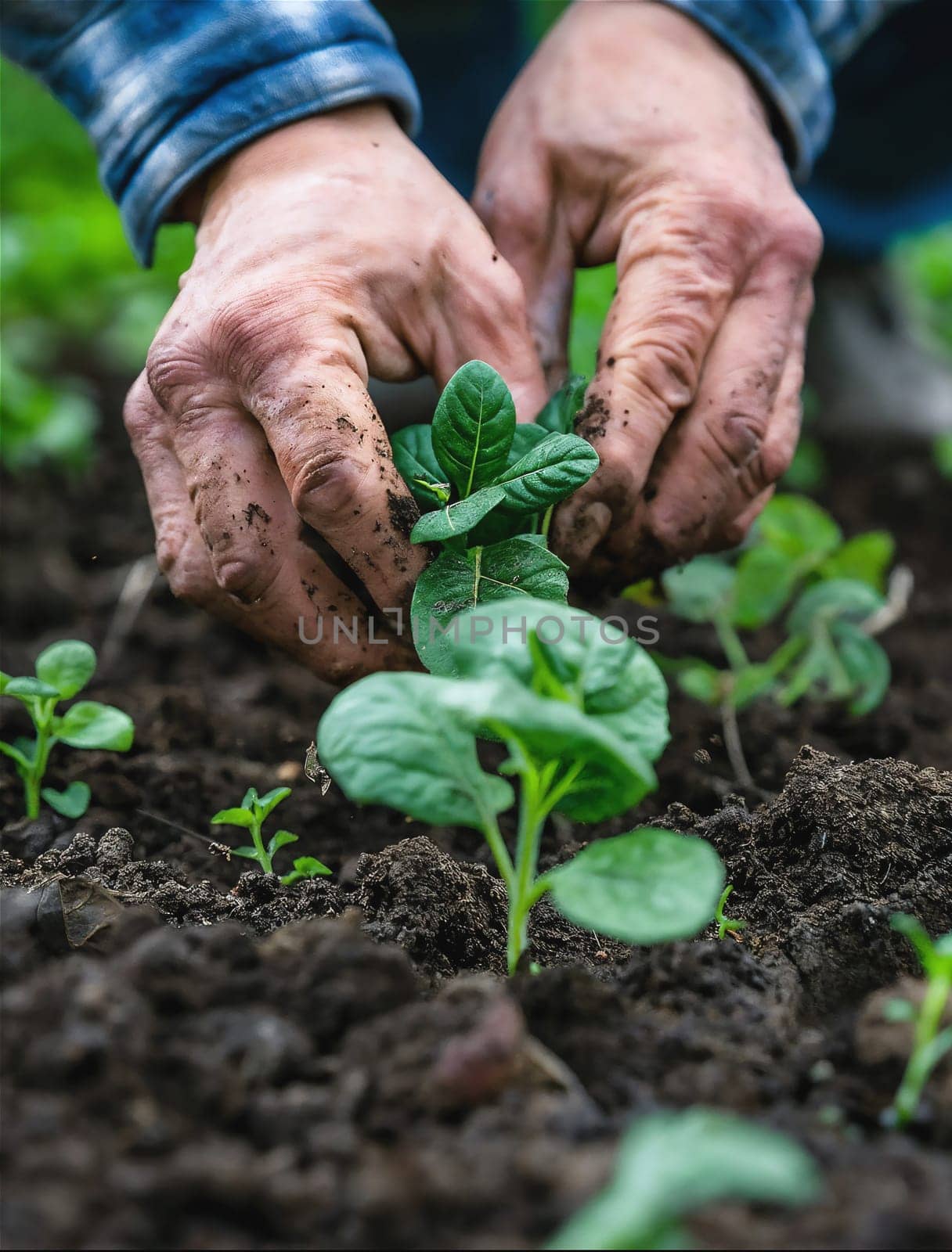 Closeup of hands planting young vegetables in the soil. by evdakovka